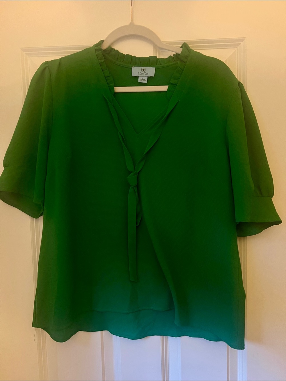 CeCe Emerald Green Tie-Neck Ruffle Trim Blouse
